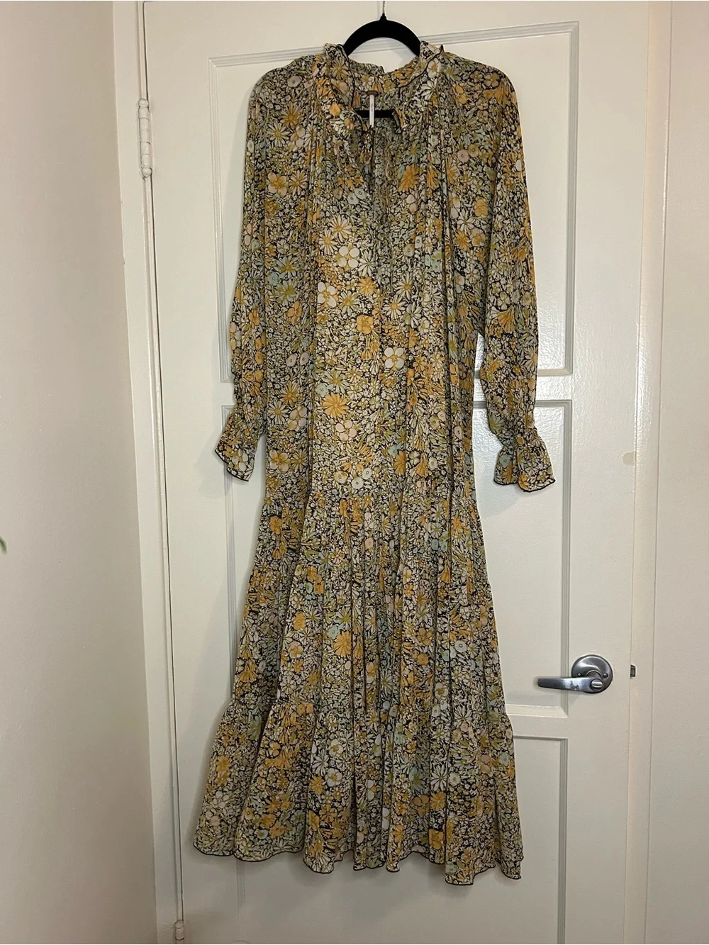Free People Floral Tie-Neck Maxi Dress in Mustard and Cream